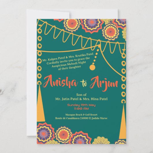 Floral Mehndi Night Ceremony Indian Wedding 招待状 (正面)