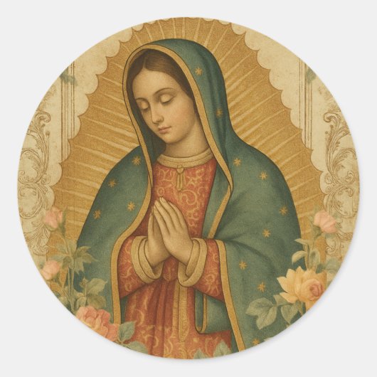 Floral Mexican Mary Guadalupe Religious ラウンドシール (正面)