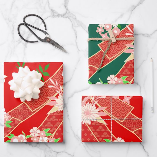 Floral Mix Kimono Pattern Chistmas Ed. ラッピングペーパーシート (正面)
