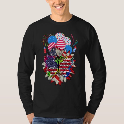 Floral Monarch Butterfly American Flag 4th Of July Tシャツ (正面)