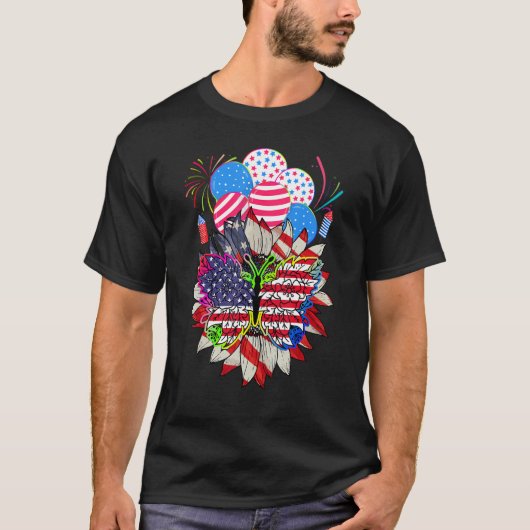 Floral Monarch Butterfly American Flag 4th Of July Tシャツ (正面)