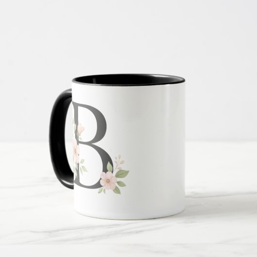 Floral Monogram B Mug – Elegant Letter B with Soft マグカップ (正面左)