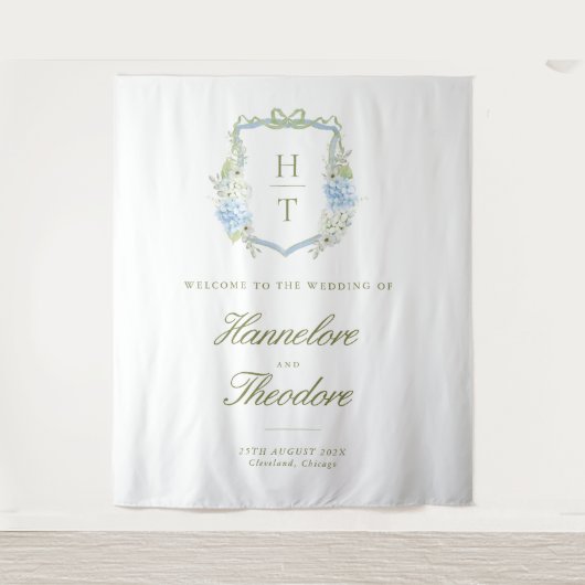 Floral Monogram Crest Wedding Backdrop Tapestry タペストリー (正面)