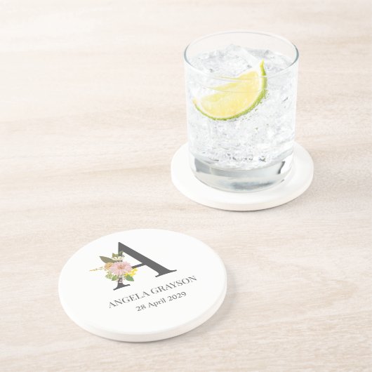 Floral Monogram Letter A Custom Name and Date  コースター (側面)