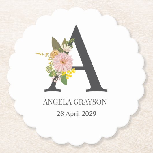 Floral Monogram Letter A Custom Name and Date  ペーパーコースター (正面)