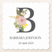 Floral Monogram Letter B Custom Name and Date  ペーパーコースター (正面)