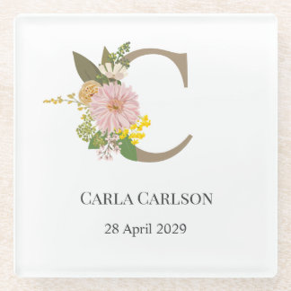 Floral Monogram Letter C Custom Name and Date  ガラスコースター