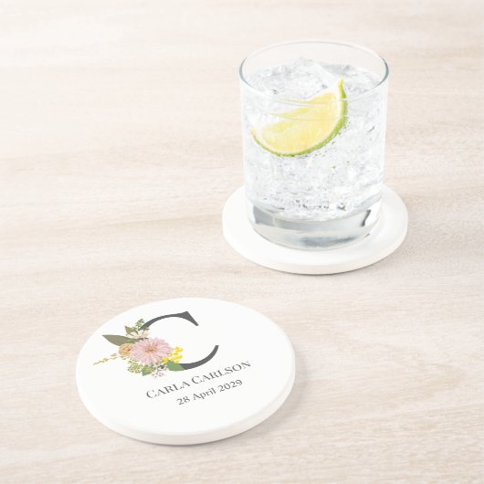 Floral Monogram Letter C Custom Name and Date  コースター (側面)