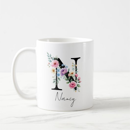 Floral Monogram – Letter N コーヒーマグカップ (左)