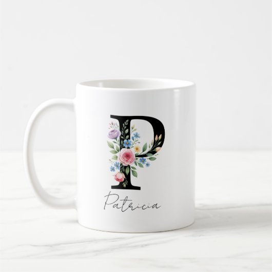  Floral Monogram – Letter P コーヒーマグカップ (左)