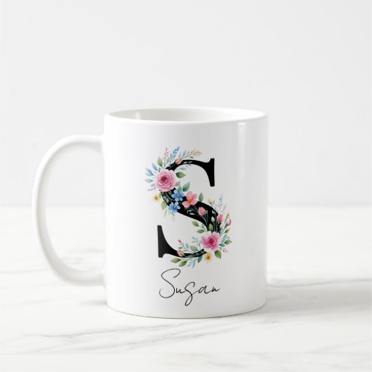 Floral Monogram – Letter S コーヒーマグカップ (左)