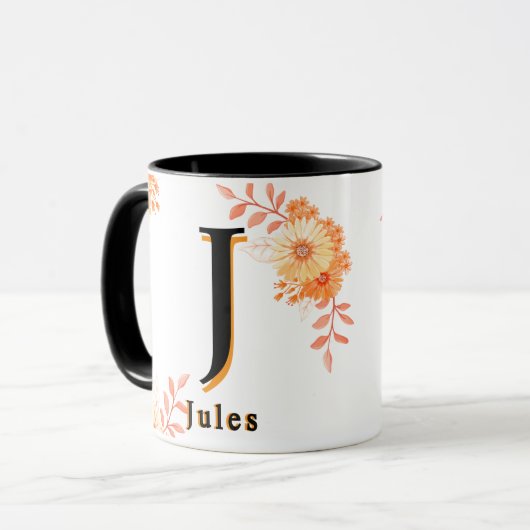Floral Monogram Mug – Elegant Letter J Coffee Cup マグカップ (正面左)