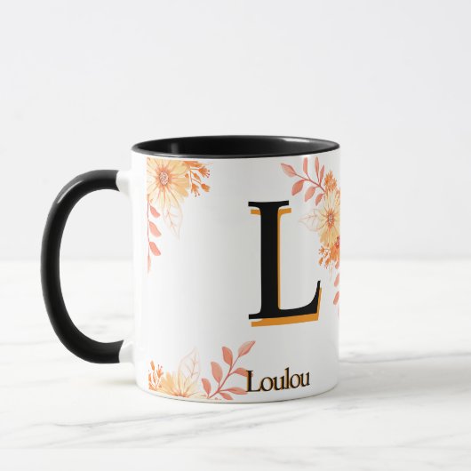 Floral Monogram Mug – Elegant Letter L Coffee Cup マグカップ (左)