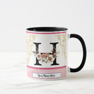 Floral Monogram Mug – Letter H Personalized Gift マグカップ