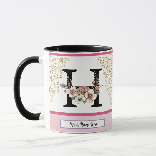 Floral Monogram Mug – Letter H Personalized Gift マグカップ (左)