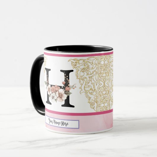 Floral Monogram Mug – Letter H Personalized Gift マグカップ (正面左)