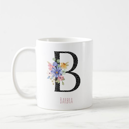 Floral Monogram Name B Black Polka Dot  コーヒーマグカップ (左)