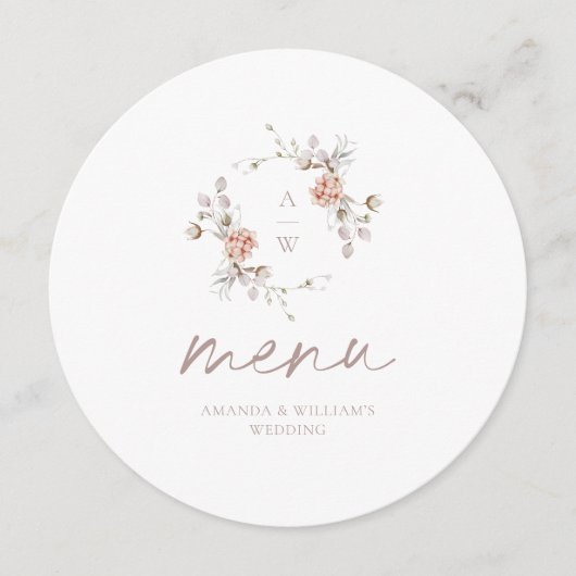 Floral Monogram Round Wedding Menu Card メニュー (正面)