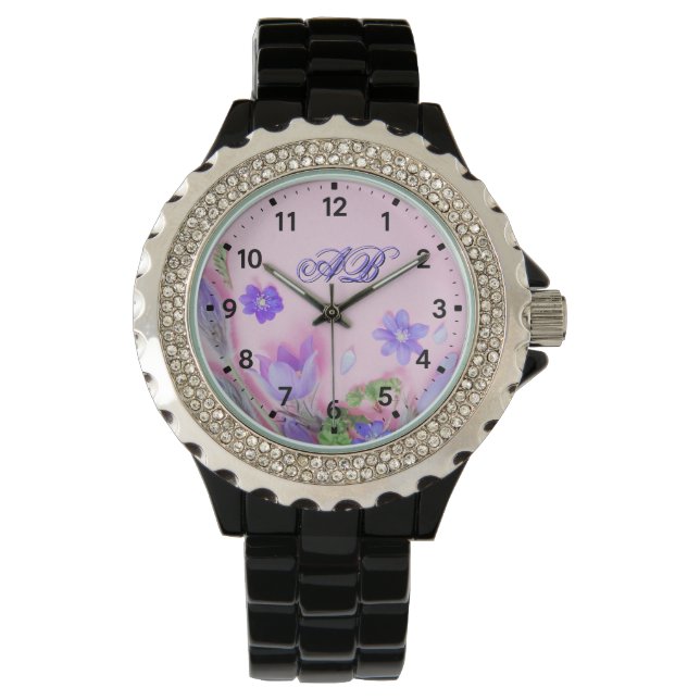 Floral Monogram Watch | Blue Wildflowers Rhineston 腕時計 (正面)