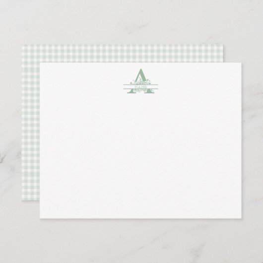 Floral Monogram with Green Gingham Note Card ノートカード (正面/裏面)