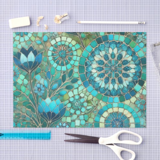 Floral Mosaic Navy Blue Green Flowers Decoupage 薄葉紙 (クラフト)