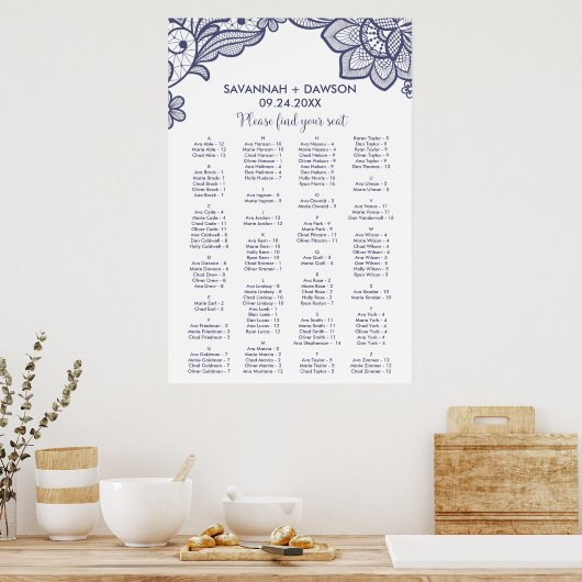Floral Navy Blue Lace Alphabetical Seating Chart ポスター (キッチン)