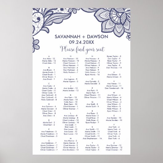 Floral Navy Blue Lace Alphabetical Seating Chart ポスター (正面)