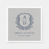 Floral Navy Blue Silver Crest Wedding Monogram スタンダードカクテルナプキン (正面)