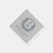 Floral Navy Blue Silver Crest Wedding Monogram スタンダードカクテルナプキン (角)