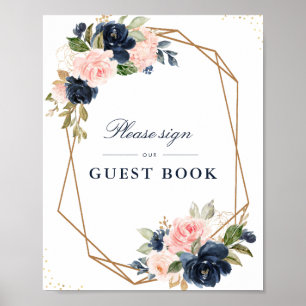 Floral Navy & blush guestbook wedding sign ポスター