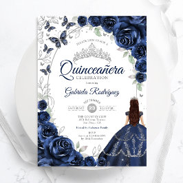 Floral Navy Silver Quinceanera 招待状