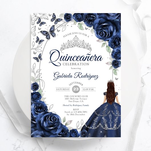 Floral Navy Silver Quinceanera 招待状