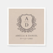 Floral Neutral Taupe Crest Wedding Monogram スタンダードカクテルナプキン (正面)