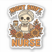 Floral Night Shift Nurse Skeleton Halloween RN Nur シール (正面)