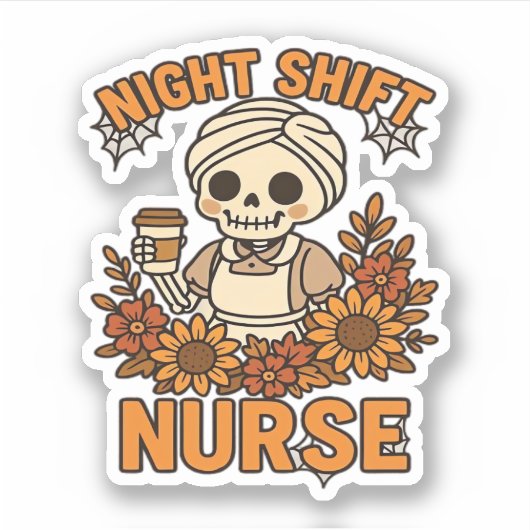 Floral Night Shift Nurse Skeleton Halloween RN Nur シール (正面)