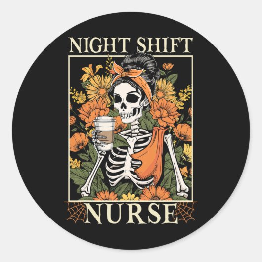 Floral Night Shift Nurse Skeleton Halloween Rn Nur ラウンドシール (正面)
