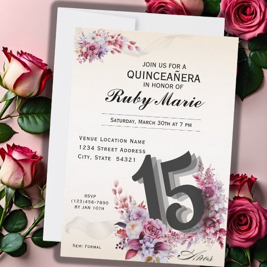 Floral Number 15 Rose Tones Quinceanera Invitation 招待状