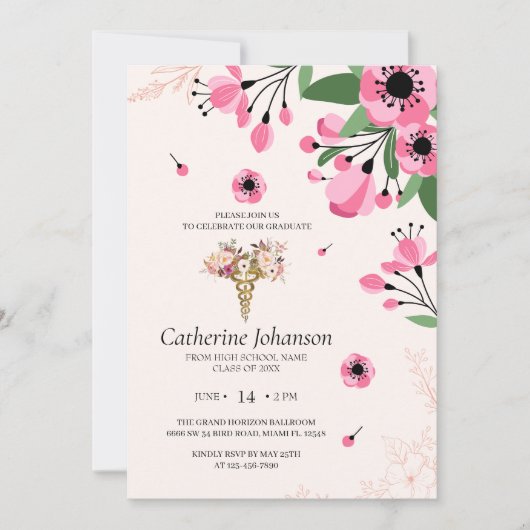 Floral Nursing Graduation Invitation | RN BSN Nurs 招待状 (正面)