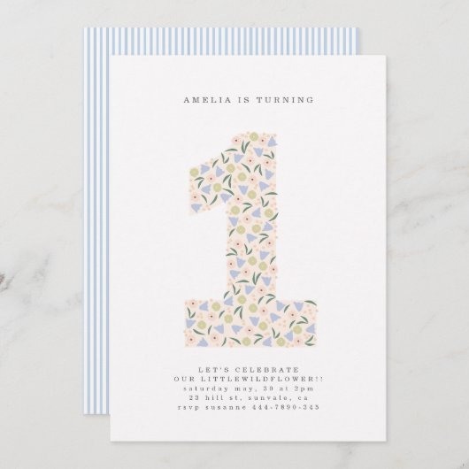 Floral One First Birthday Invite 招待状 (正面/裏面)