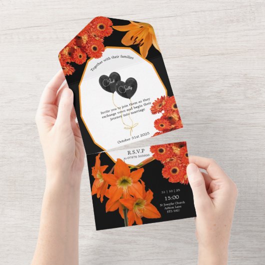 Floral Orange and Black Wedding オールインワン招待状 (貼ってはがせる)