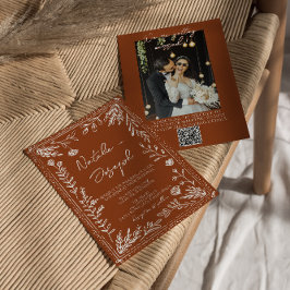 Floral Orange Terracotta Photo QR Code Wedding 招待状
