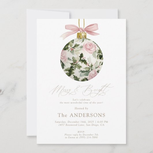 Floral Ornament Merry & Bright Christmas Party 招待状 (正面)