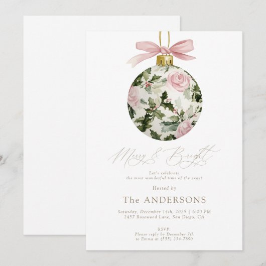 Floral Ornament Merry & Bright Christmas Party 招待状 (正面/裏面)