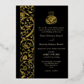 Floral Ornate Black and Gold Islamic Wedding 箔招待状 (正面)
