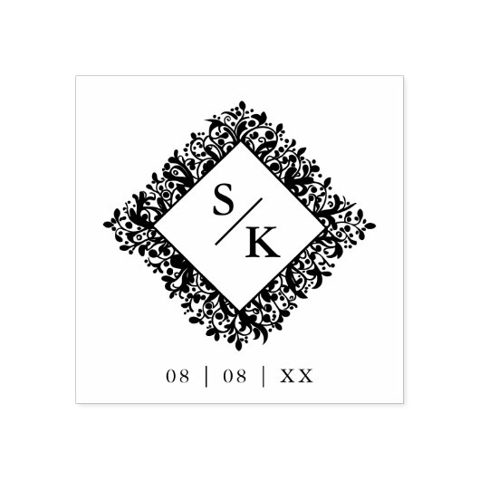Floral Ornate Frame Diamond Shape Wedding Initials ラバースタンプ (インプリント)