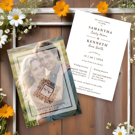 Floral Ornate Frame Diamond Shape Wedding Initials 招待状