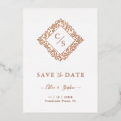 Floral Ornate Frame Diamond Shape Wedding Initials 箔招待状 (正面)