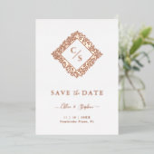 Floral Ornate Frame Diamond Shape Wedding Initials 箔招待状 (立ち正面)