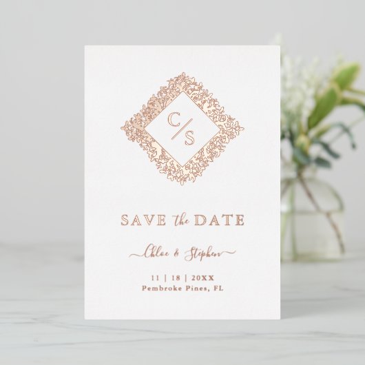 Floral Ornate Frame Diamond Shape Wedding Initials 箔招待状 (立ち正面)