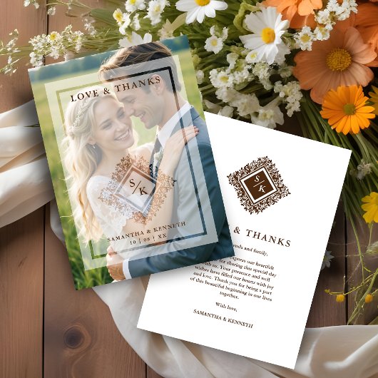 Floral Ornate Frame in Diamond Shape with Initials サンキューカード